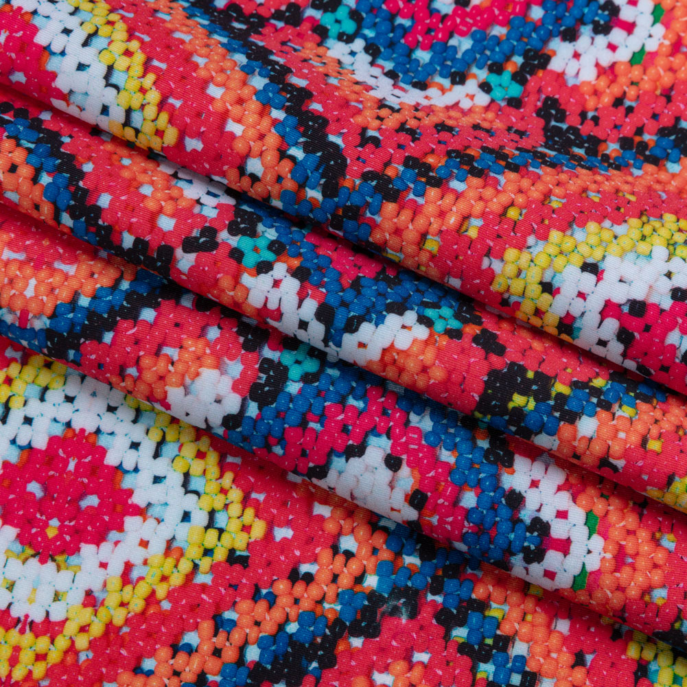 Red, Blue and Yellow Crochet Beads Caye UV Protective Compression Swimwear Tricot with Aloe Vera Microcapsules Folded