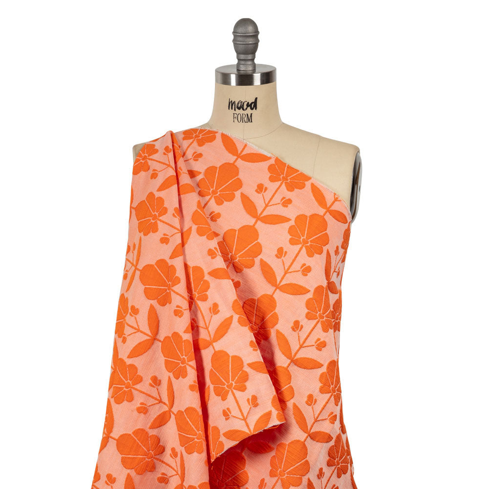 Trina Turk Pale Peach and Orange Retro Floral Rows Slubbed Polyester Jacquard Detail