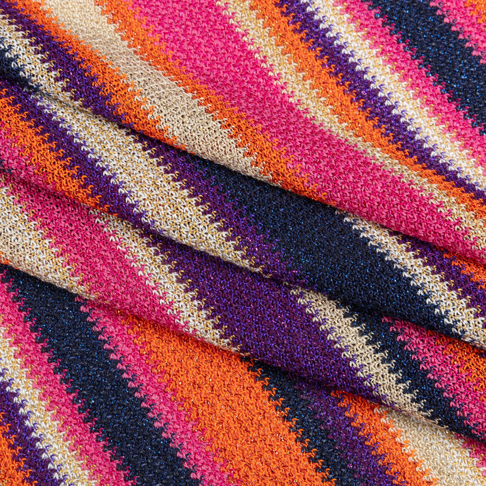 Trina Turk Pink, Orange and Navy Metallic Striped Viscose and Polyester Sweater Knit Folded