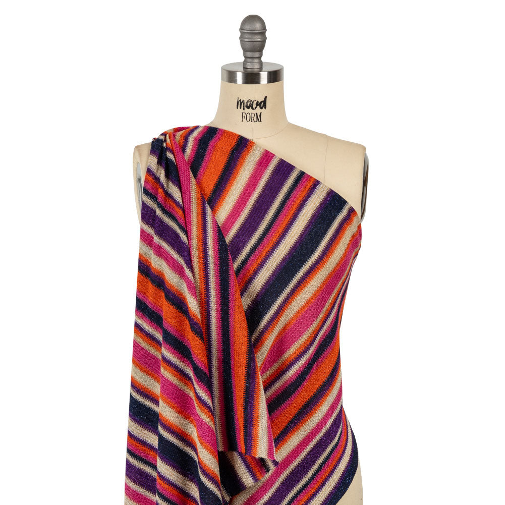 Trina Turk Pink, Orange and Navy Metallic Striped Viscose and Polyester Sweater Knit Drape