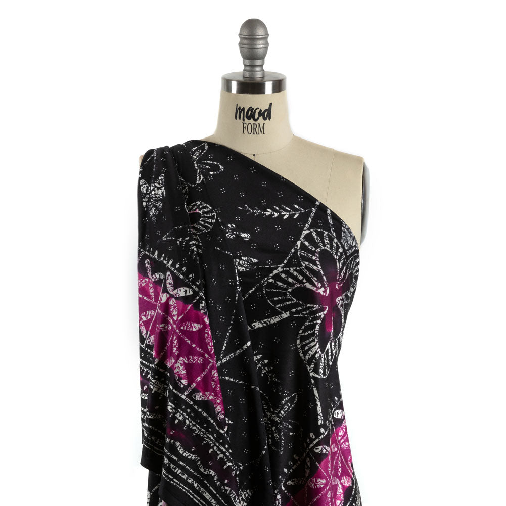 Fuchsia, Black and White Floral and Striped Batik Inspired Silk Interlock Knit Detail