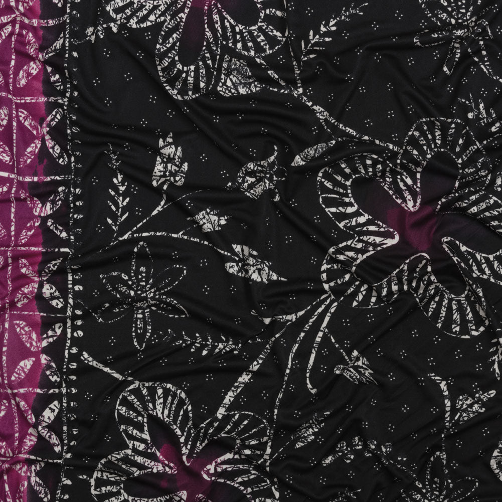 Fuchsia, Black and White Floral and Striped Batik Inspired Silk Interlock Knit