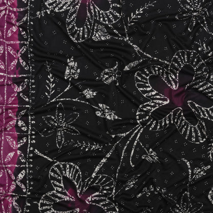 Fuchsia, Black and White Floral and Striped Batik Inspired Silk Interlock Knit