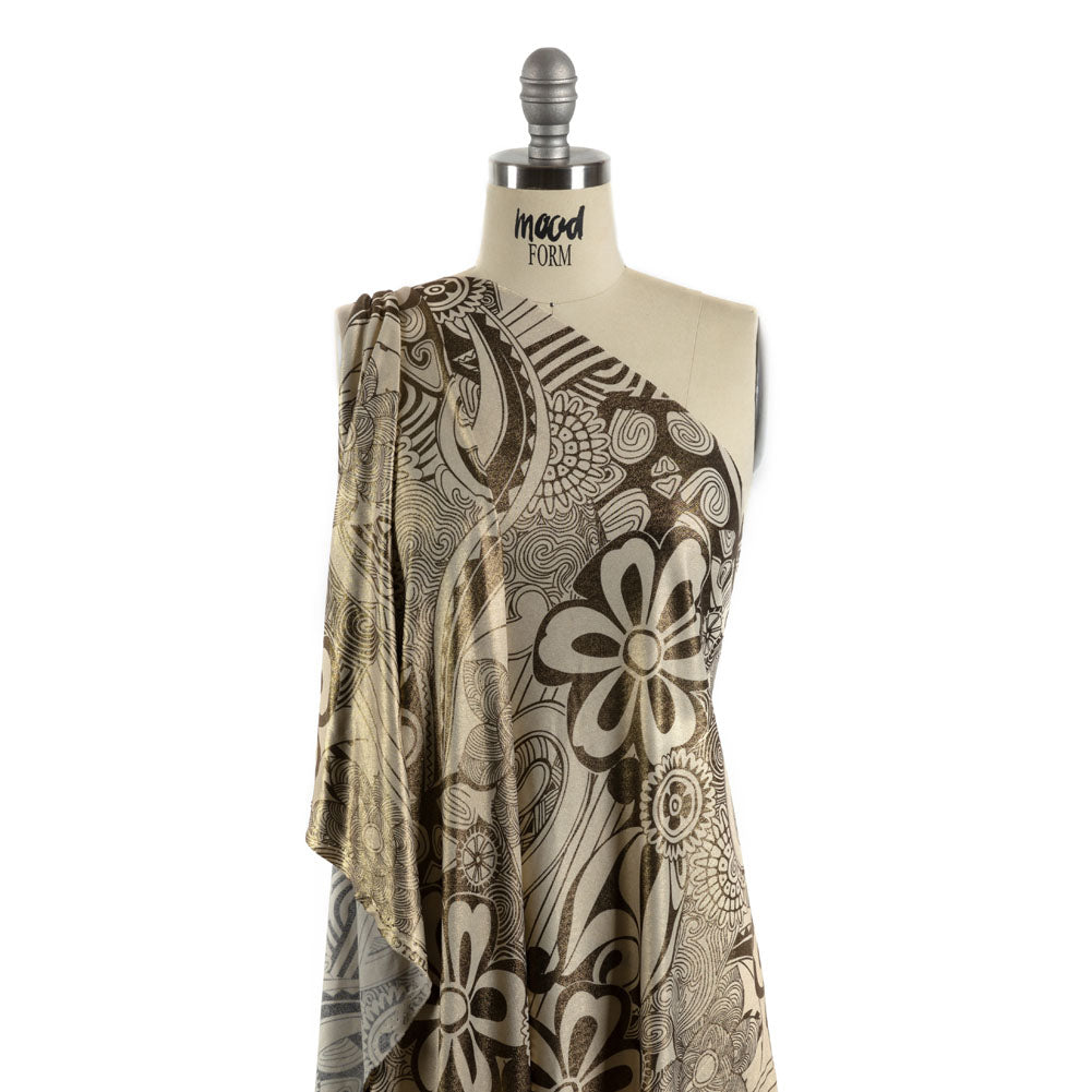 Black and Ivory Retro Floral SIlk Jersey with Gold Foil Detail