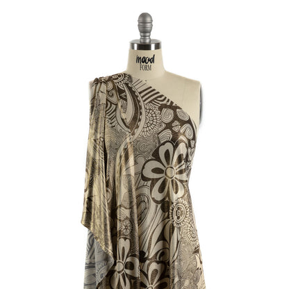Black and Ivory Retro Floral SIlk Jersey with Gold Foil Detail