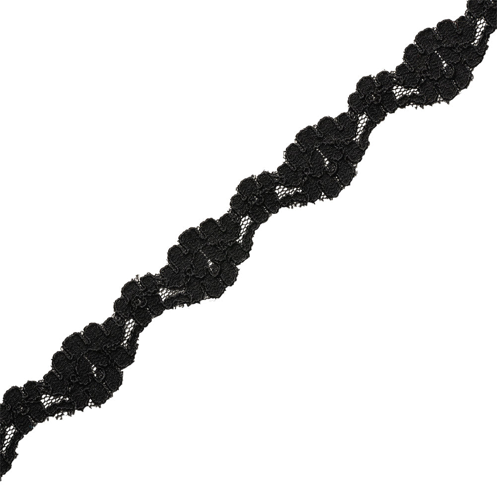 Black Floral Scalloped Corded Lace Trim - 1" Folded
