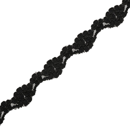 Black Floral Scalloped Corded Lace Trim - 1" Folded