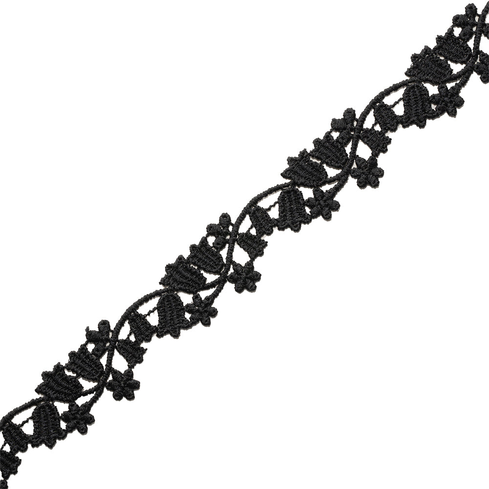 Black Bellflower Vine Venise Lace Trim - 0.75" Folded