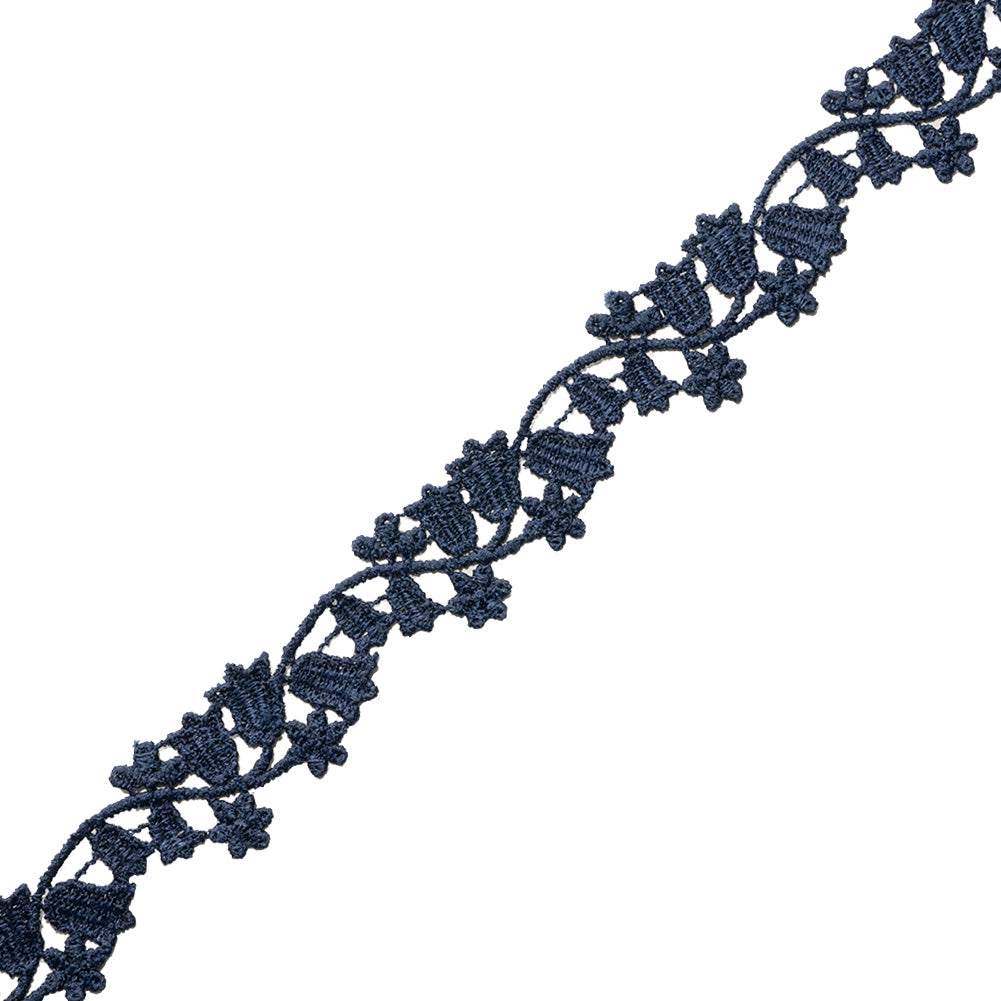 Navy Bellflower Vine Venise Lace Trim - 0.75" Folded