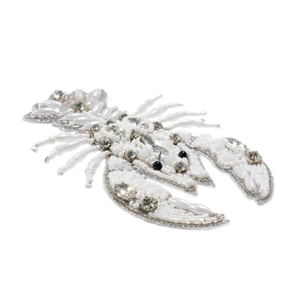 White and Silver Lobster Rhinestone and Glass Beaded Applique - 4.25" x 2.75" Folded