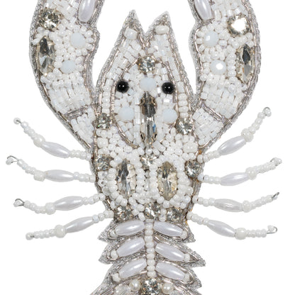 White and Silver Lobster Rhinestone and Glass Beaded Applique - 4.25" x 2.75" Detail