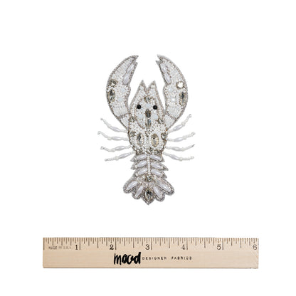 White and Silver Lobster Rhinestone and Glass Beaded Applique - 4.25" x 2.75" Full