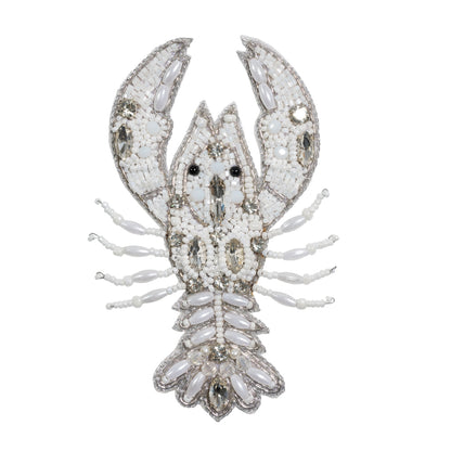 White and Silver Lobster Rhinestone and Glass Beaded Applique - 4.25" x 2.75"