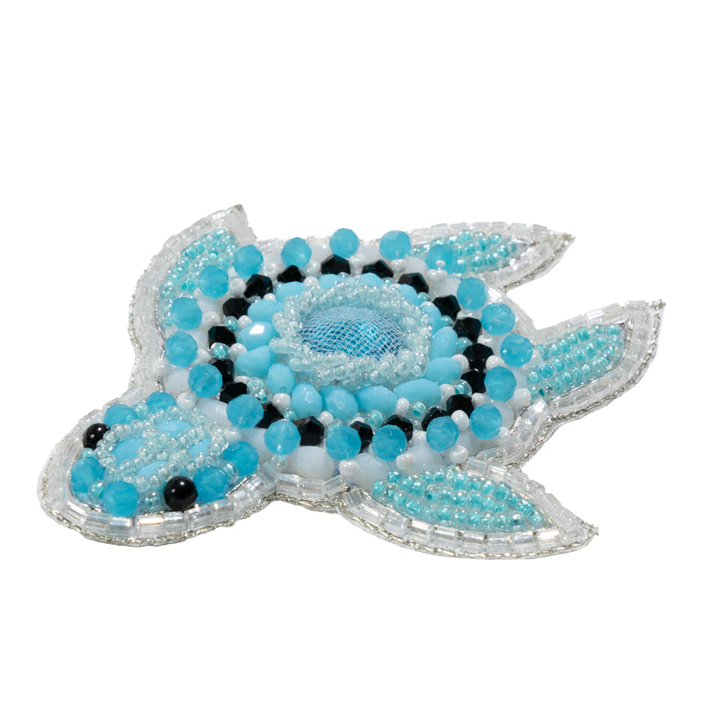 Aqua, White and Silver Little Sea Turtle Rhinestone and Glass Beaded Applique - 3" x 2.75" Folded