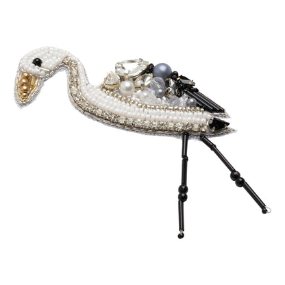 Rhinestones and Glass Beaded Applique, 3.5" x 2.25" - Small Black, White and Gray Crane - Alice Collection