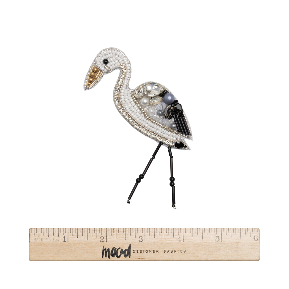 Rhinestones and Glass Beaded Applique, 3.5" x 2.25" - Small Black, White and Gray Crane - Alice Collection - Full