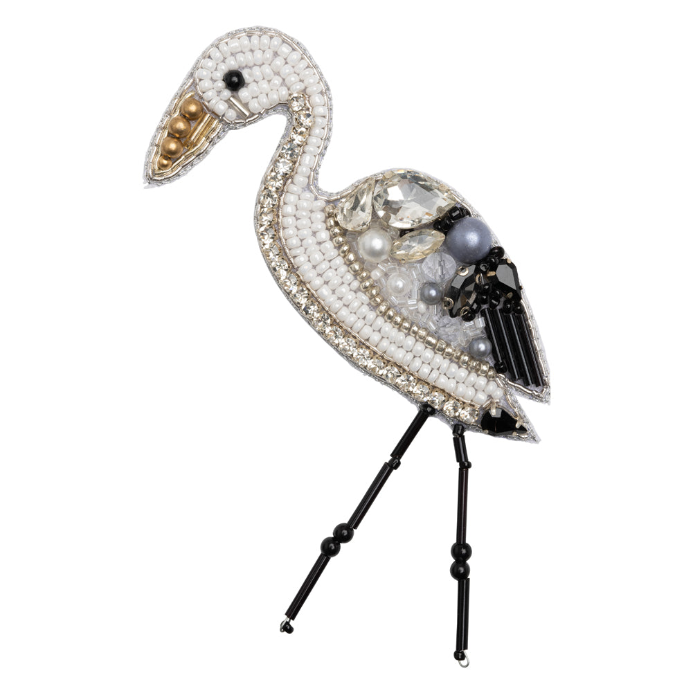 Rhinestones and Glass Beaded Applique, 3.5" x 2.25" - Small Black, White and Gray Crane - Alice Collection