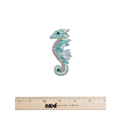 Aqua, Silver and White Baby Seahorse Sequins and Glass Beaded Applique - 3.125" x 1.375" Full