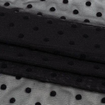 Black Flocked Polka Dots Stretch Nylon Mesh