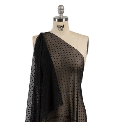 Black Flocked Polka Dots Stretch Nylon Mesh