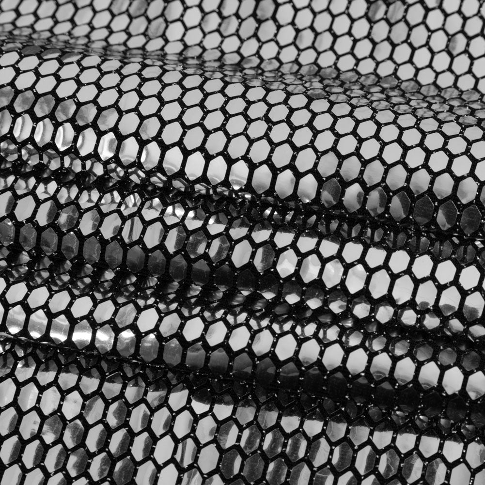 Black and Silver Hexagons Foiled Stretch Nylon Knit - Folded