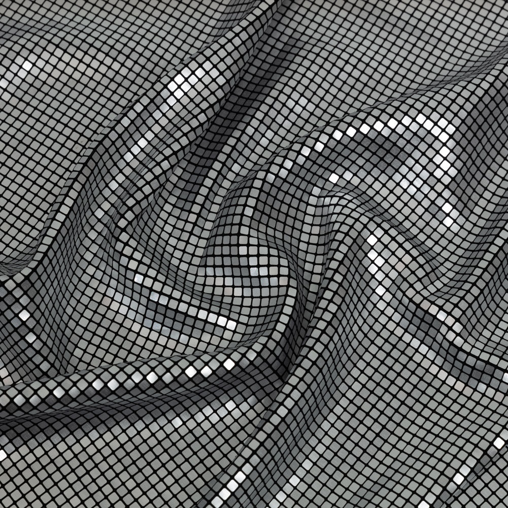 Squares Foiled Stretch Polyester Knit - Silver and Metallic Black - Heidi Collection