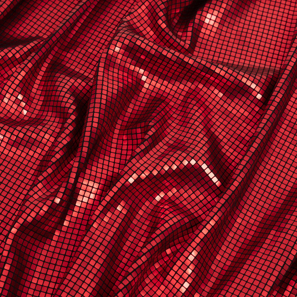 Squares Foiled Stretch Polyester Knit - Red and Metallic Black - Heidi Collection