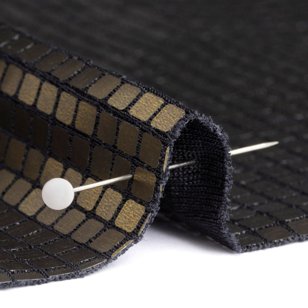 Squares Foiled Stretch Polyester Knit - Olive and Metallic Black - Heidi Collection - Detail