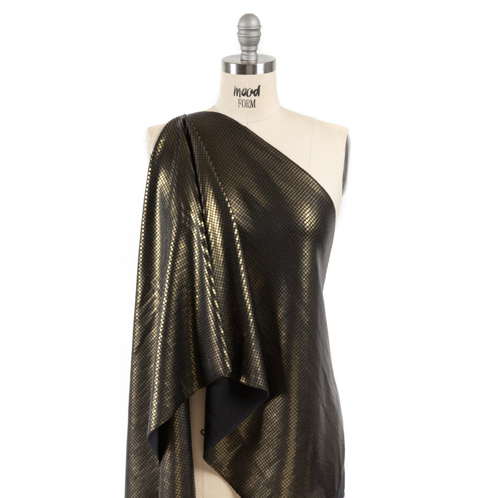 Squares Foiled Stretch Polyester Knit - Olive and Metallic Black - Heidi Collection - Drape