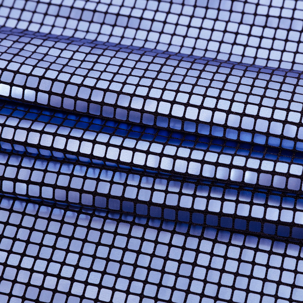 Squares Foiled Stretch Polyester Knit - Blue and Metallic Black - Heidi Collection - Folded