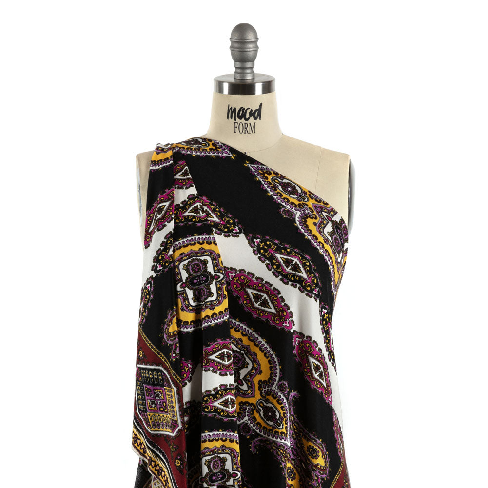 Pink, Purple and Black Paisley Stripes with Geometric Borders Printed Silk Jersey Detail