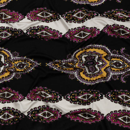 Pink, Purple and Black Paisley Stripes with Geometric Borders Printed Silk Jersey