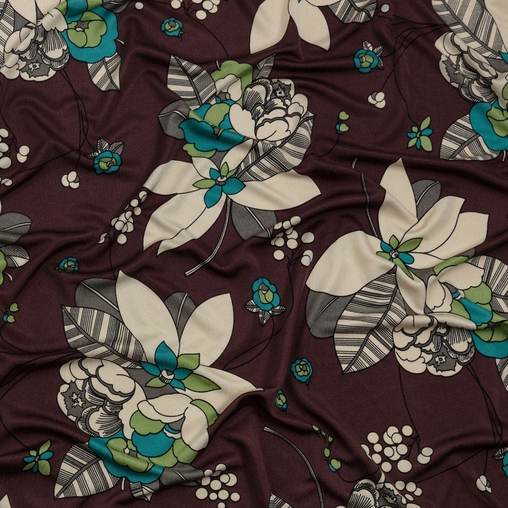 Chocolate, Teal and Cream Floral Silk Jersey