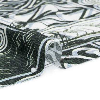 Viscose Woven Print - Black, White and Pale Blue Leaf and Geometric Patchwork - Mood Exclusive Mahiole of Maui Folded