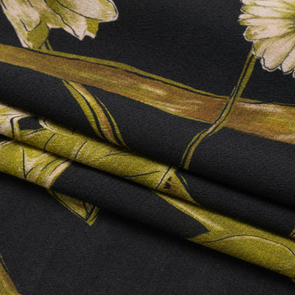 Sustainable Viscose Crepe Print - Black and Leaf Green Floral - Mood Exclusive Dolomite Daisies Full