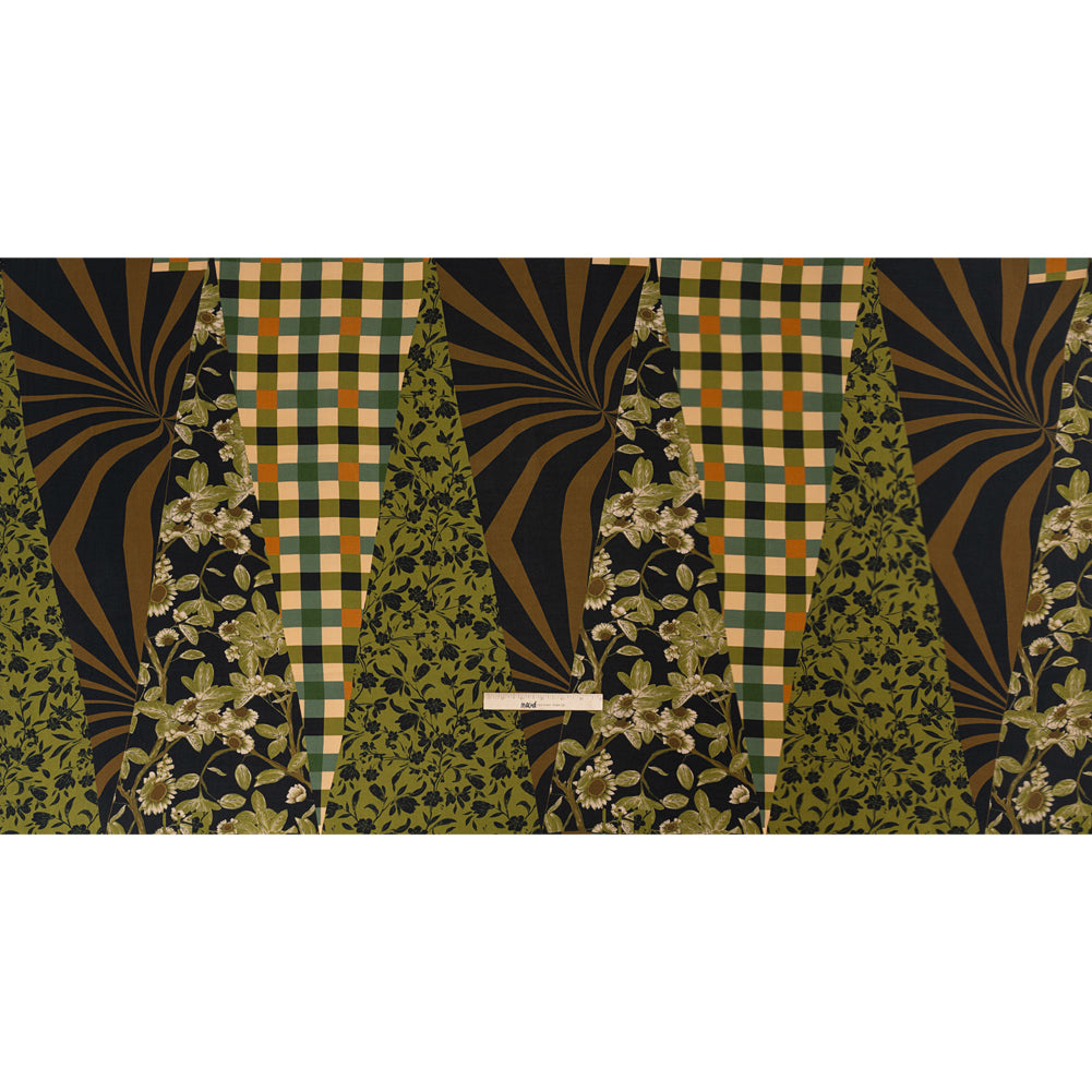 Sustainable Viscose Crepe Panel - Green and Brown Checks and Floral Patchwork - Mood Exclusive Earth's Gifts Drape