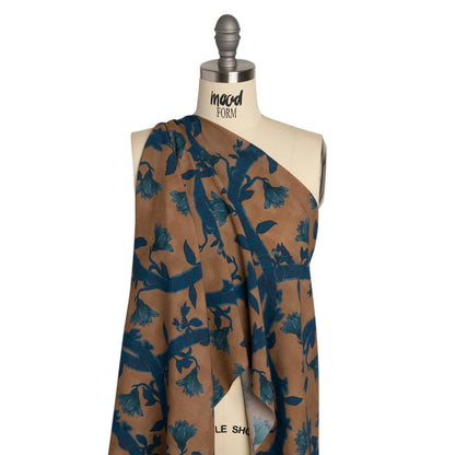 Sustainable Viscose Crepe Print - Blue and Brown Floral Ogee Lattice - Mood Exclusive Intertwined Vines Detail