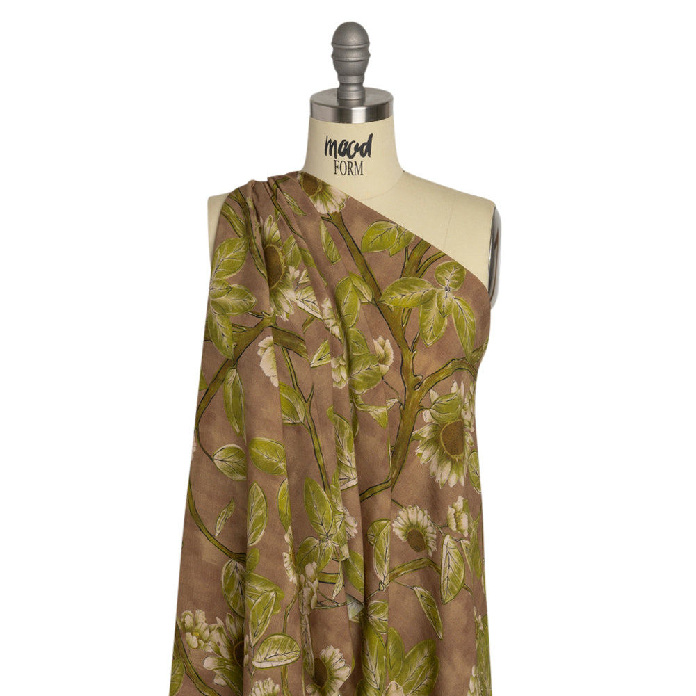 Sustainable Viscose Crepe Print - Brown and Leaf Green Floral - Mood Exclusive Dolomite Daisies Detail