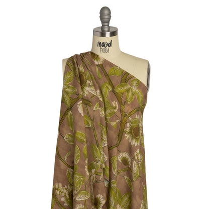 Sustainable Viscose Crepe Print - Brown and Leaf Green Floral - Mood Exclusive Dolomite Daisies Detail