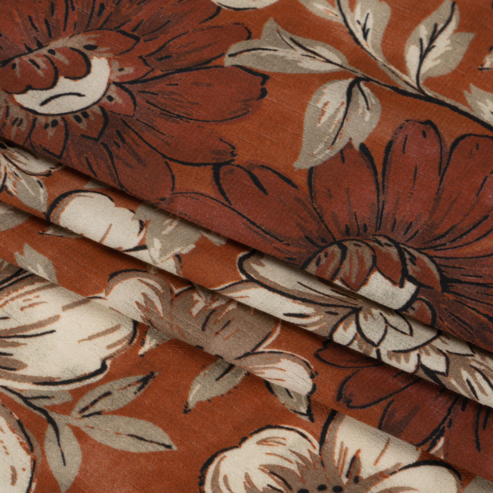 Sustainable Viscose Crepe Print - Rust Orange and White Floral - Mood Exclusive Crowded Fields Folded