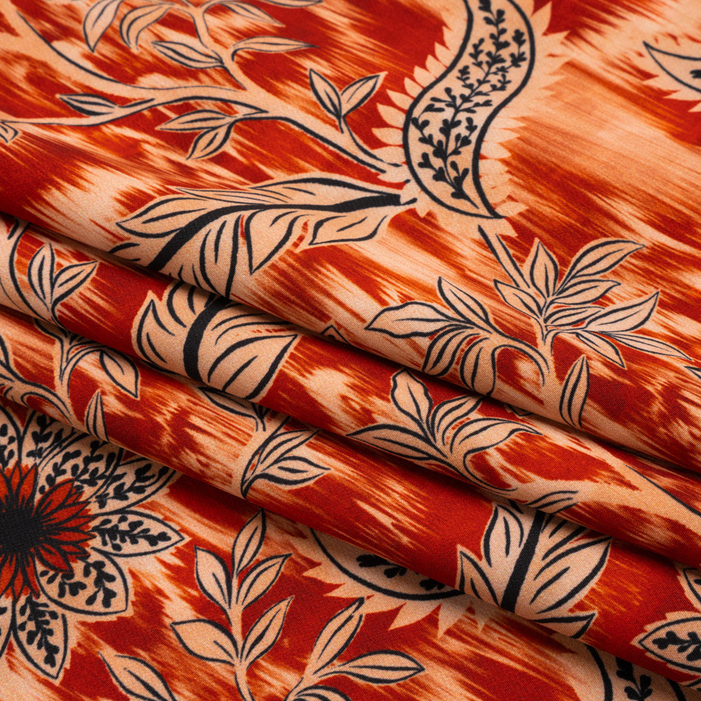 Stretch Polyester Woven Print - Red Florals on Abstract Ikat - Mood Exclusive Rambling Brambles Folded