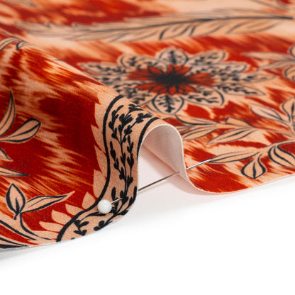Stretch Polyester Woven Print - Red Florals on Abstract Ikat - Mood Exclusive Rambling Brambles Detail