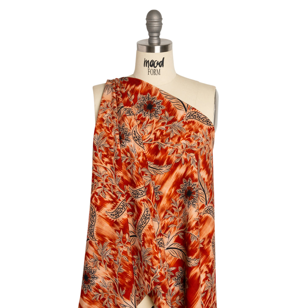 Stretch Polyester Woven Print - Red Florals on Abstract Ikat - Mood Exclusive Rambling Brambles Drape