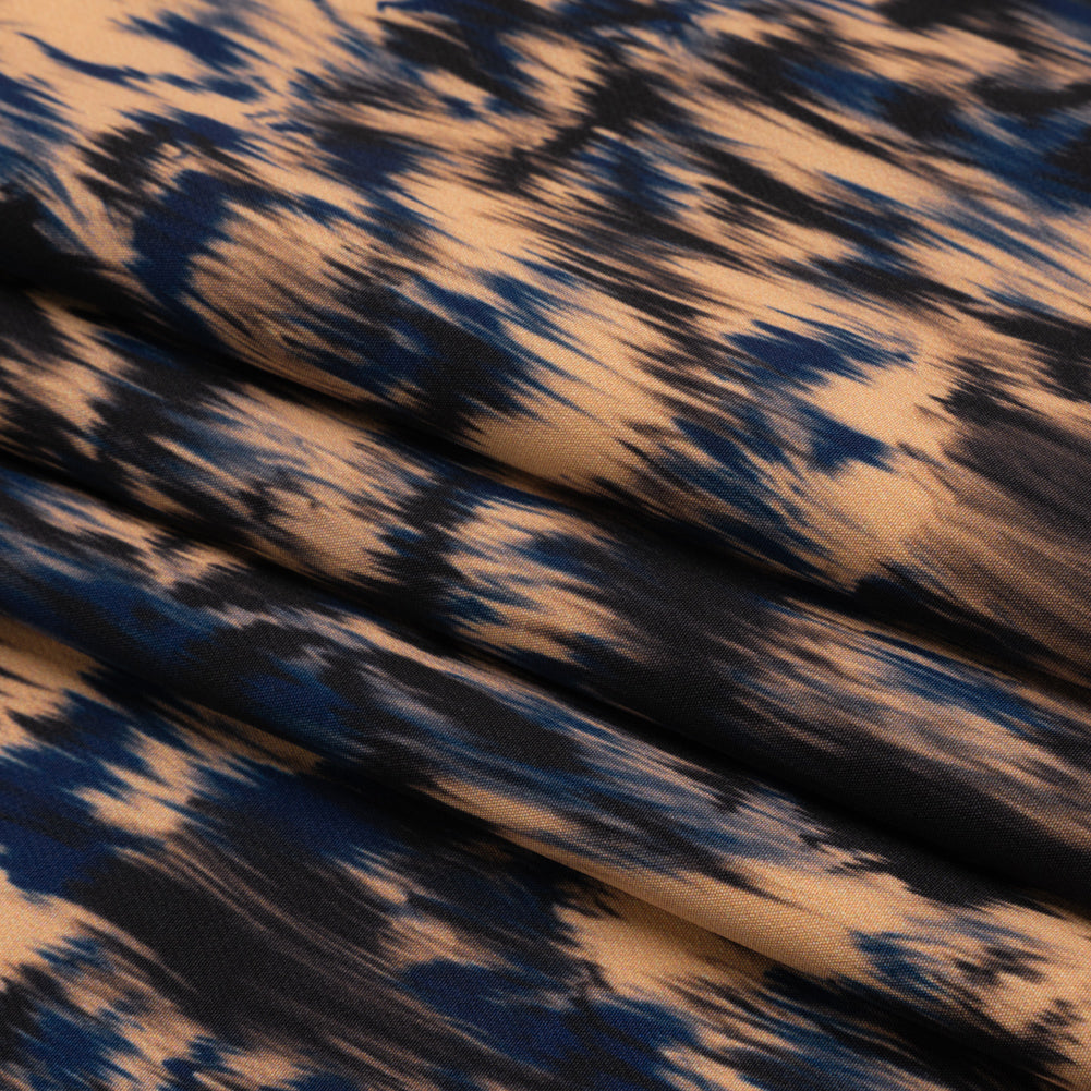 Stretch Polyester Woven Print - Blue and Beige Abstract Ikat - Mood Exclusive Shifting Sands Folded