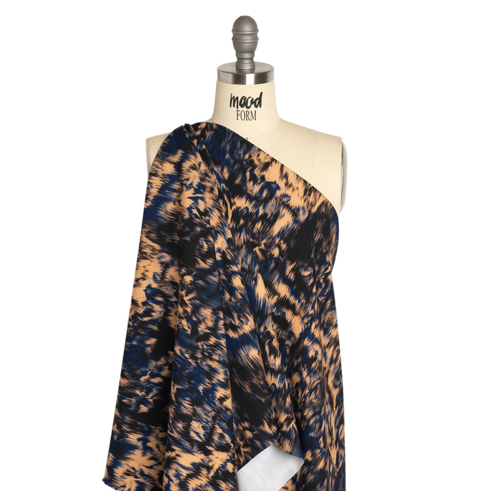 Stretch Polyester Woven Print - Blue and Beige Abstract Ikat - Mood Exclusive Shifting Sands Drape