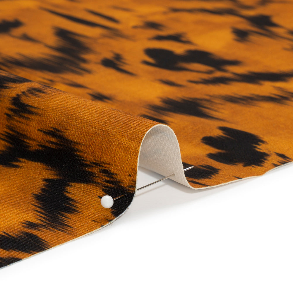 Stretch Polyester Woven Print - Burnt Orange Floral Ikat - Mood Exclusive Flowers and Felines Detail
