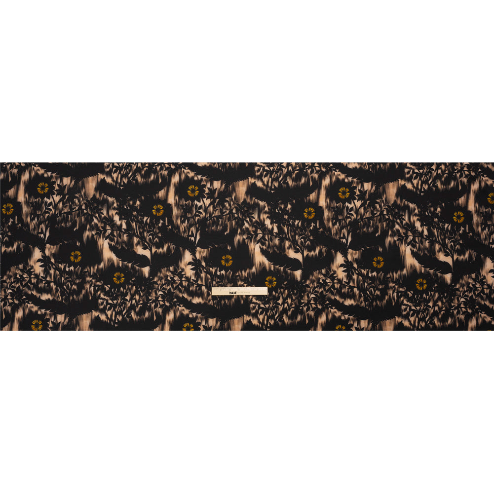 Stretch Polyester Woven Print - Black Florals on Abstract Ikat - Mood Exclusive Rambling Brambles Full