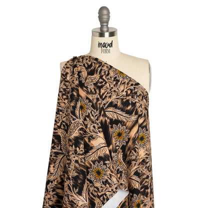 Stretch Polyester Woven Print - Beige Florals on Abstract Ikat - Mood Exclusive Rambling Brambles Drape