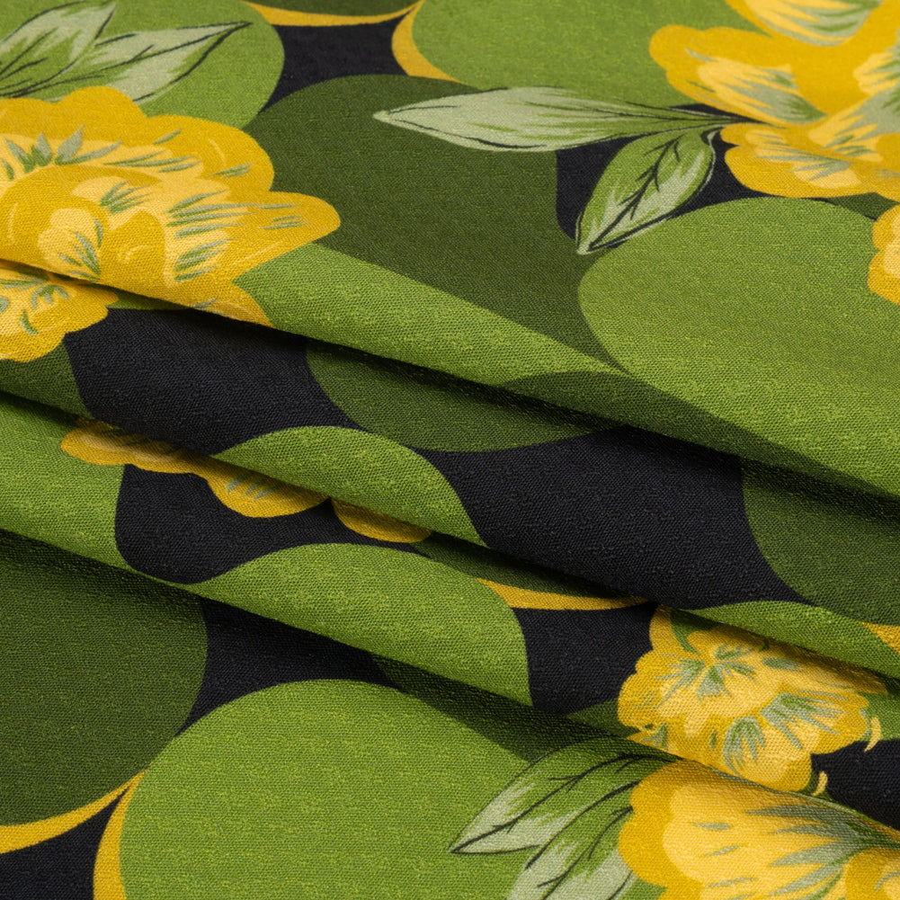 Sustainable Viscose Floral Jacquard Print - Green, Yellow and Black Floral and Abstract - Mood Exclusive Hip Hydrangea Folded