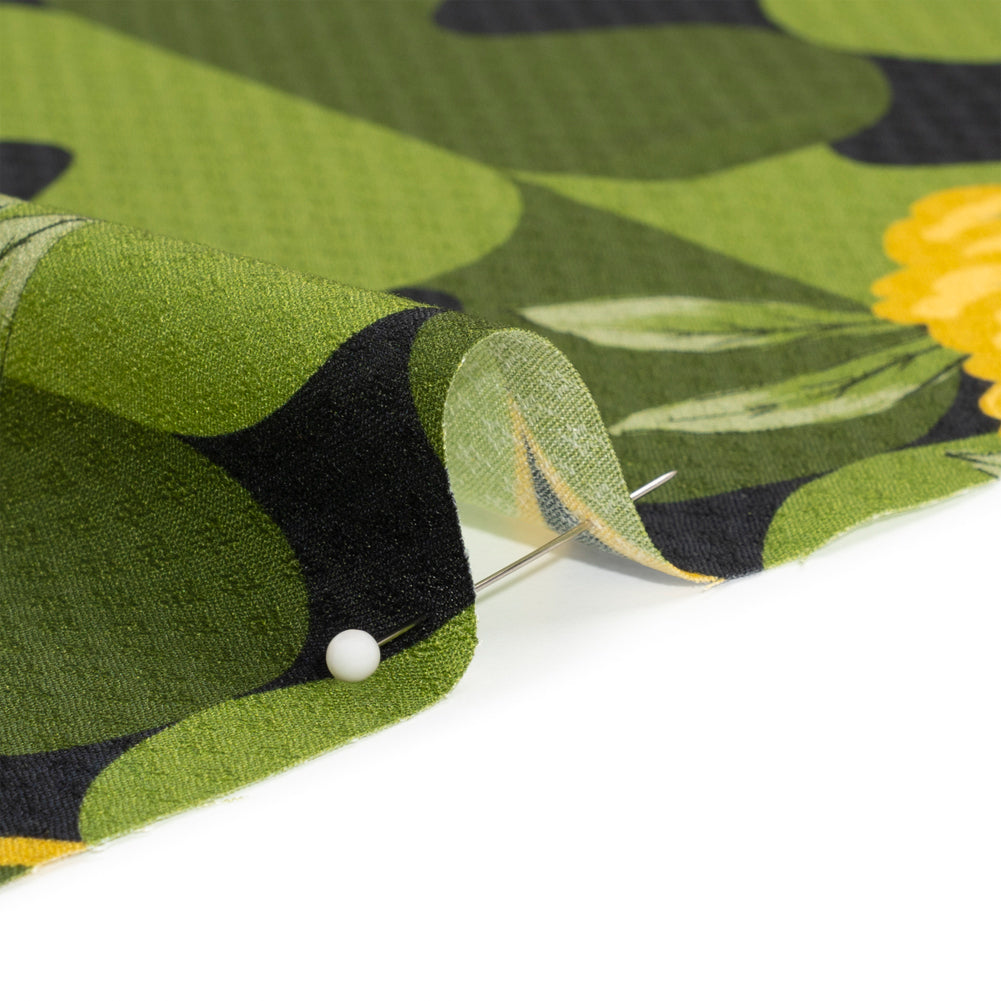 Sustainable Viscose Floral Jacquard Print - Green, Yellow and Black Floral and Abstract - Mood Exclusive Hip Hydrangea Detail